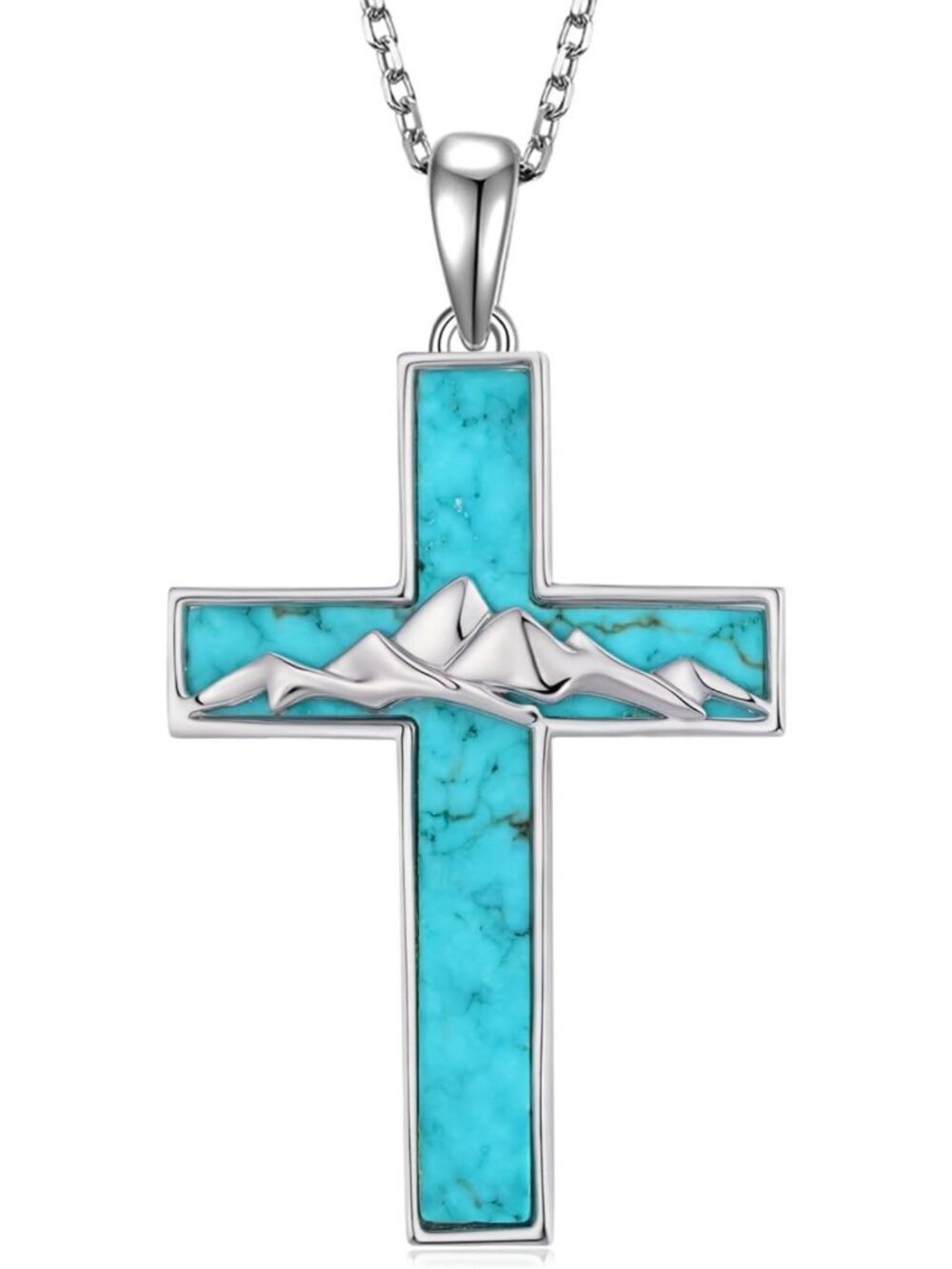 Turquoise Cross Necklace - 925 Sterling Silver Gemstone Pendant, Western Jewelry